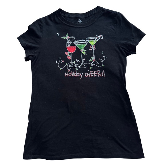 Tops - ⭐️Holiday Cheers Black Tee Sparkly Cocktail Glasses Women’s Medium